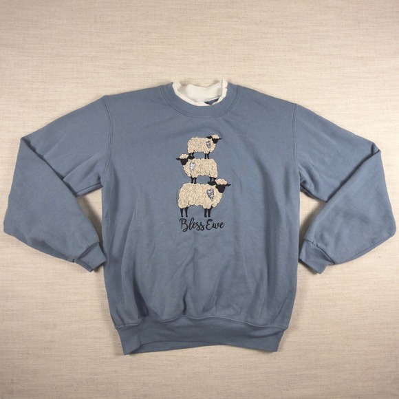 morning sun Tops - Morning Sun Vintage Bless Ewe Sheep Stack Sweatshirt Blue Small Grandma Chic